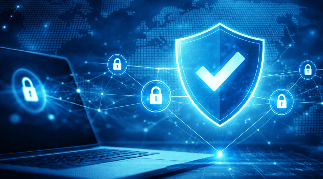 Cyber Essentials certification concept with secure network, shield checkmark and padlock icons in blue digital environment