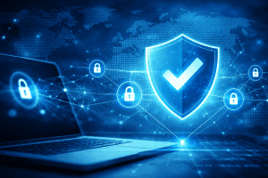 Cyber Essentials certification concept with secure network, shield checkmark and padlock icons in blue digital environment