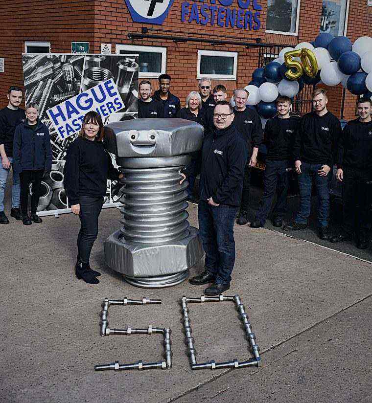 The HAGUE FASTENERS team celebrating 50 years outside the Willenhall factory